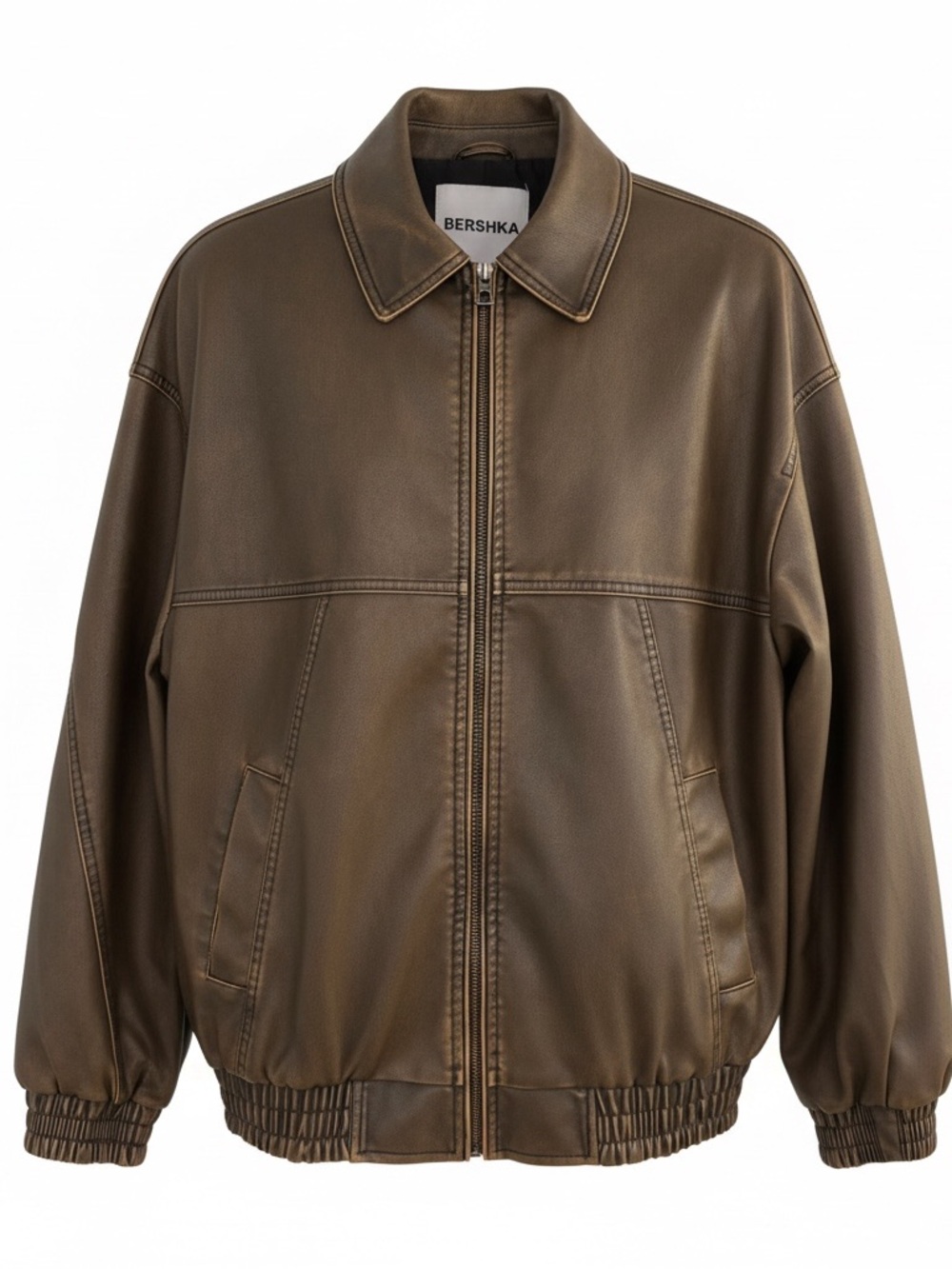Bershka Olive-Brown Faux Leather Bomber Jacket